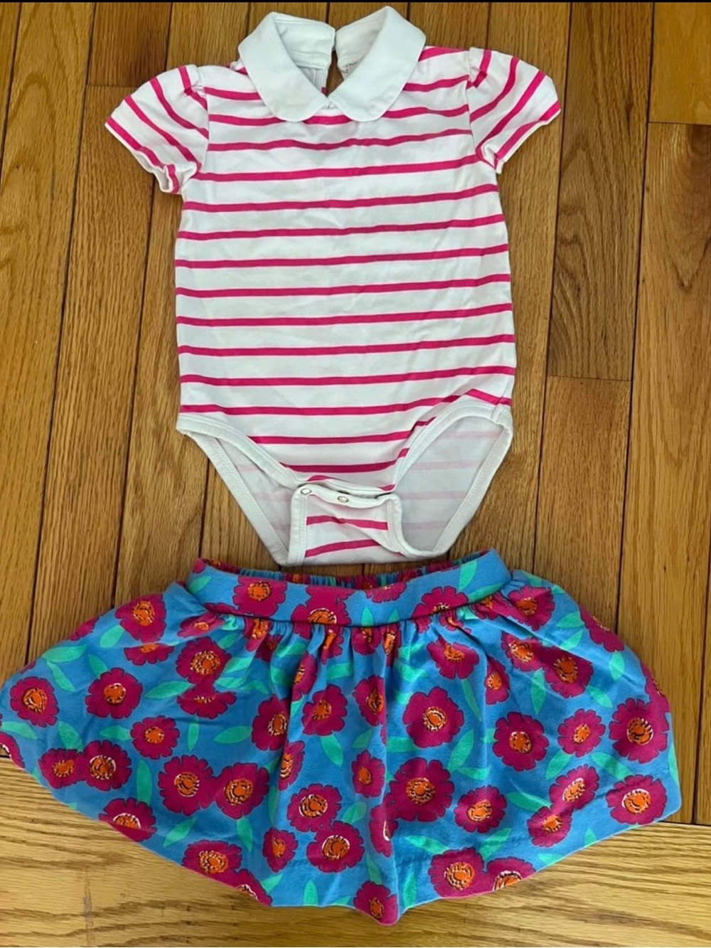 kate spade Pink & White Striped Bodysuit with Bright Blue Floral Skirt Size 18m